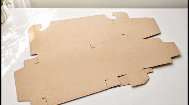 Kurs-Titelbild Umweltbezogene Werbeaussagen: unbedruckte Faltschachtel-Rohlinge aus hellem Karton auf einem Arbeitstisch (KI-generiert)