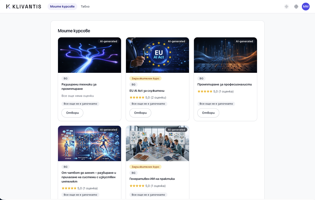 Реален скрийншот: Табло с преглед на курсовете на Team-Training-App